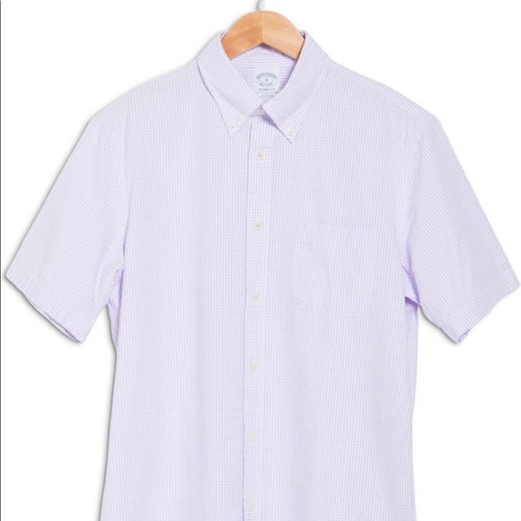 Brooks Brothers Large Purple Checkered Seersucker Short Sleeve Regent Fit Shirt - Picture 1 of 3